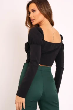 Rebellious Fashion Black Long Sleeve Button Front Milkmaid Crop Top - Gillie