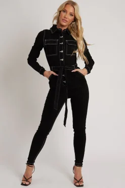 Rebellious Fashion Black Long Sleeve Contrast Stitch Jumpsuit - Jan