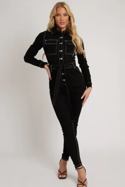 Rebellious Fashion Black Long Sleeve Contrast Stitch Jumpsuit - Jan