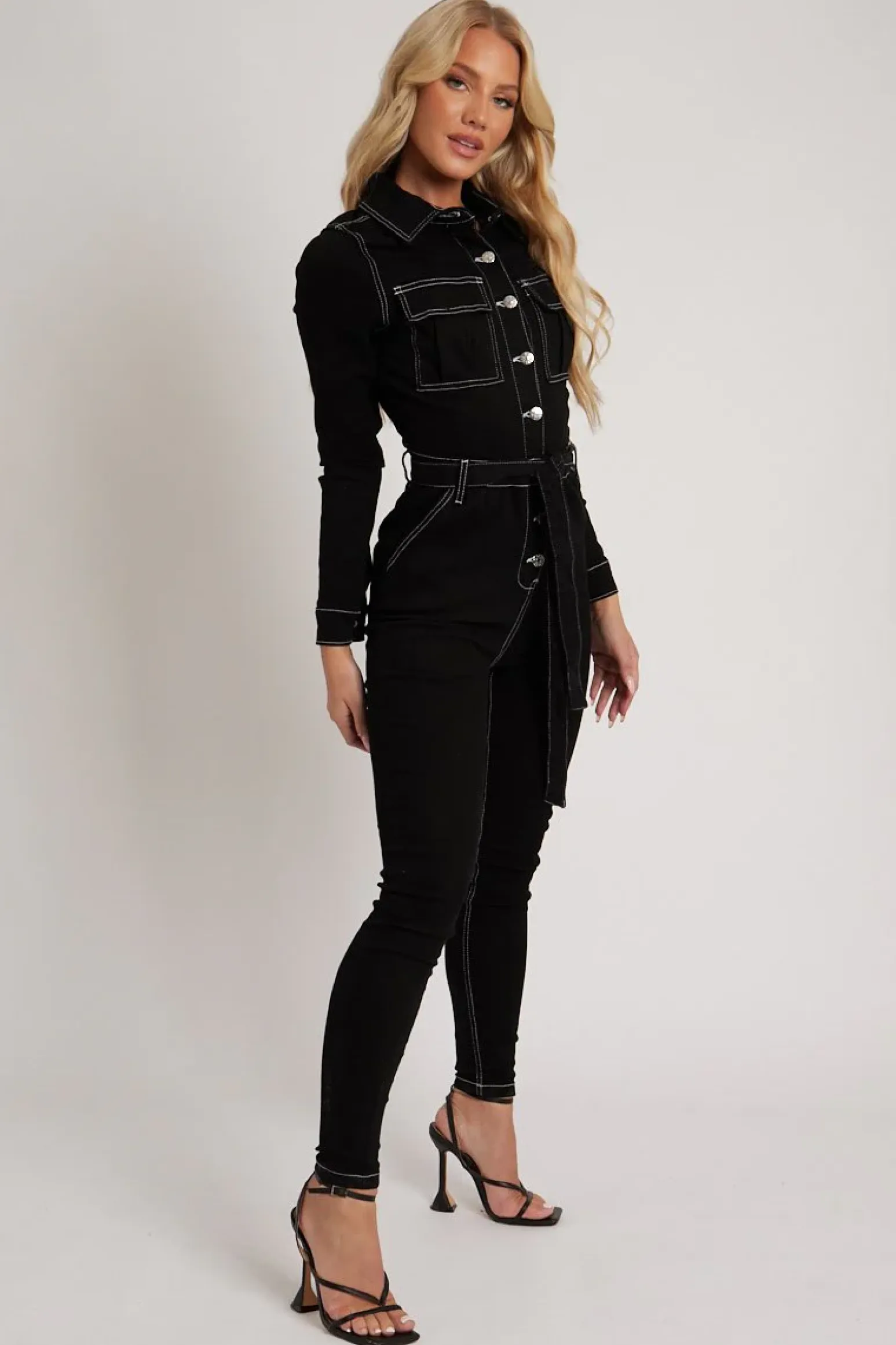 Rebellious Fashion Black Long Sleeve Contrast Stitch Jumpsuit - Jan