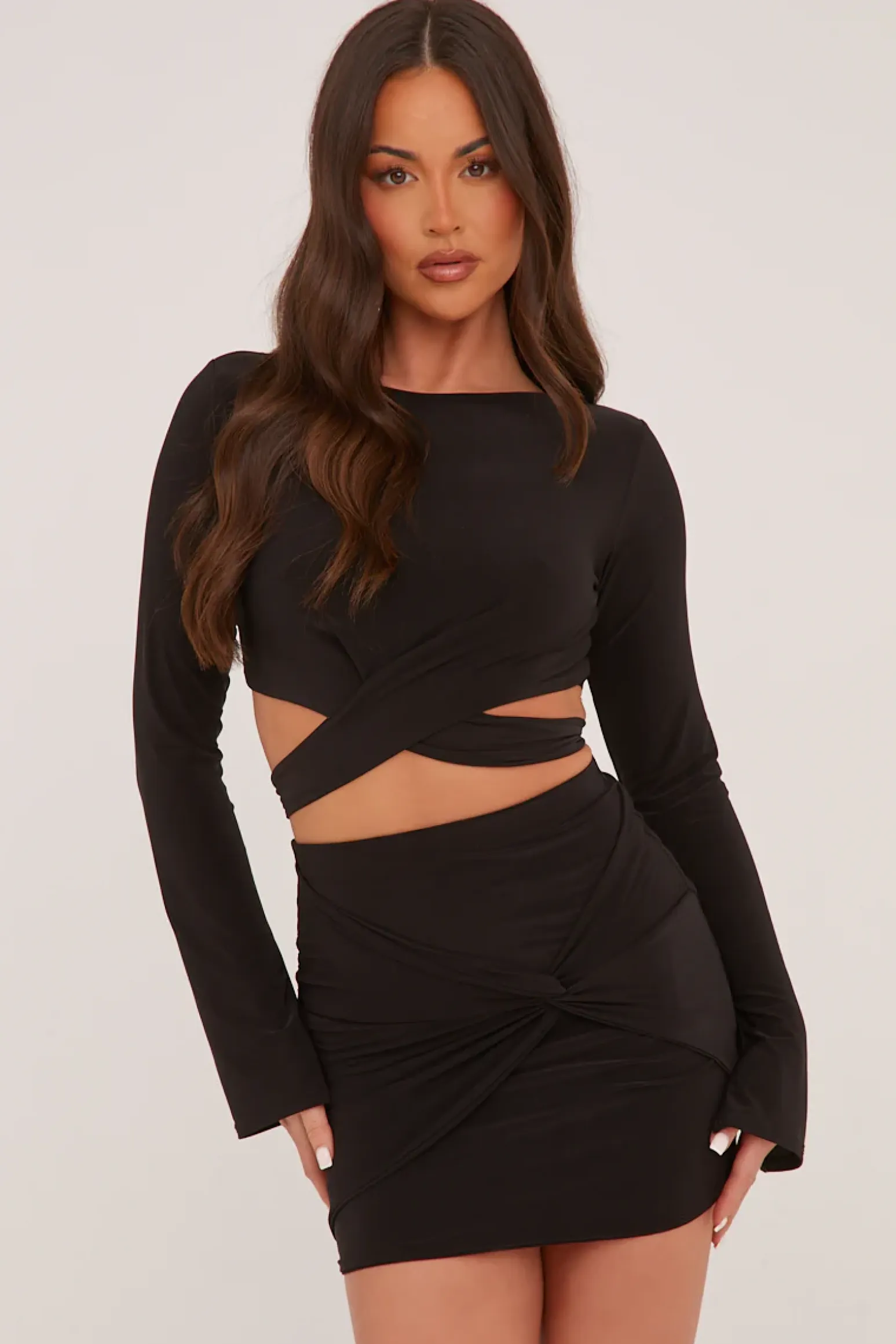 Rebellious Fashion Black Long Sleeve Cropped Top & Twist Detail Mini Skirt Co-ord Set - Lunaa