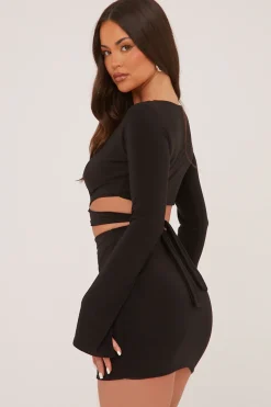 Rebellious Fashion Black Long Sleeve Cropped Top & Twist Detail Mini Skirt Co-ord Set - Lunaa