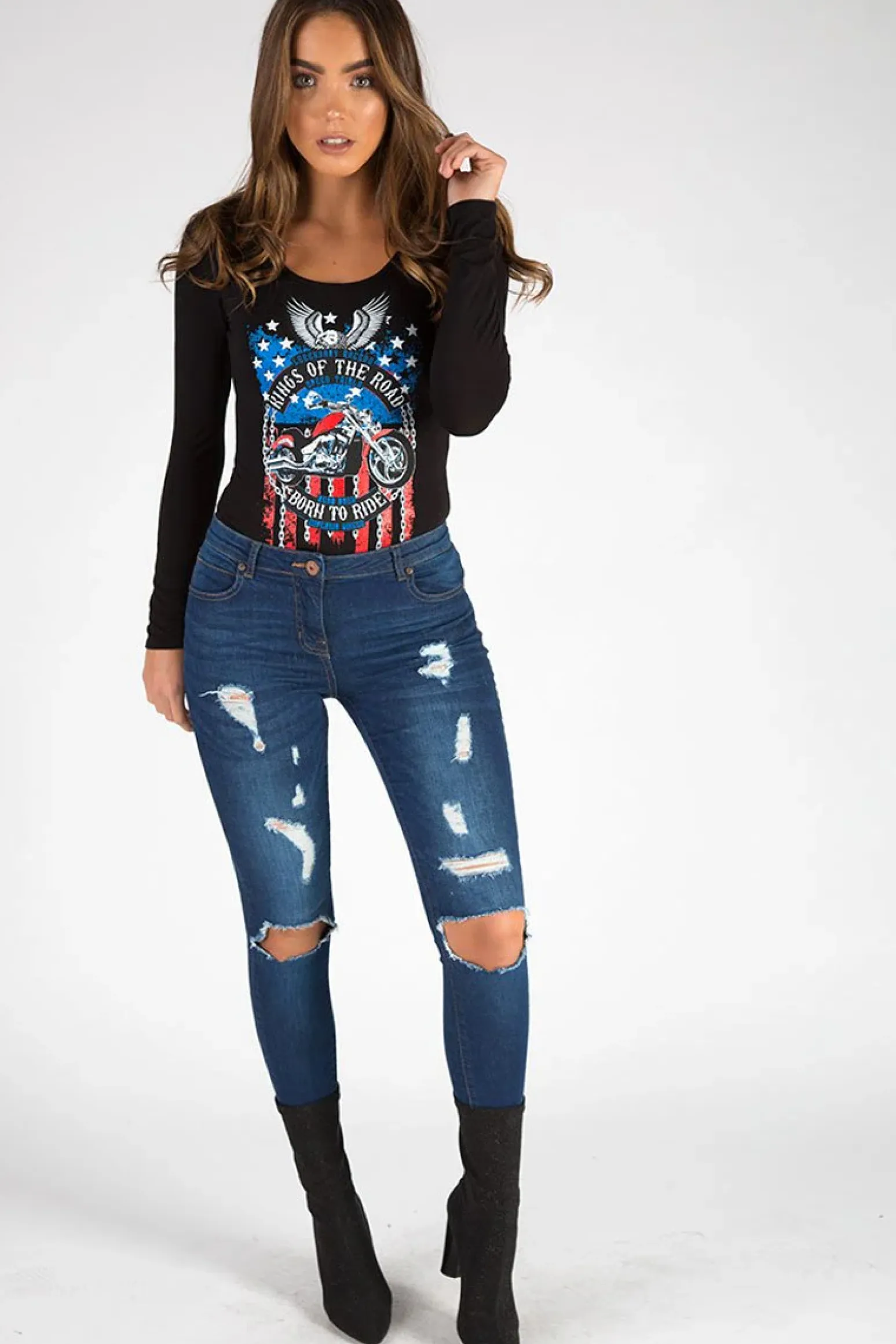 Rebellious Fashion Black Long Sleeved Graphic Print Bodysuit - Sofia