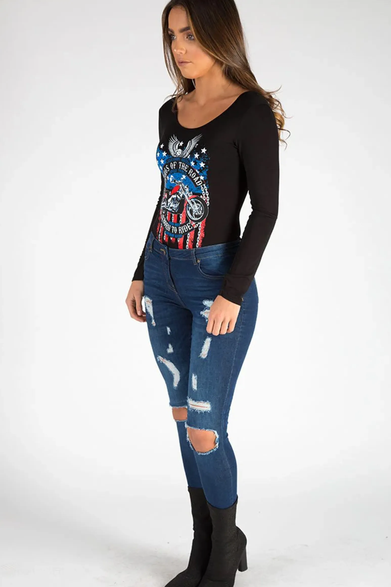 Rebellious Fashion Black Long Sleeved Graphic Print Bodysuit - Sofia