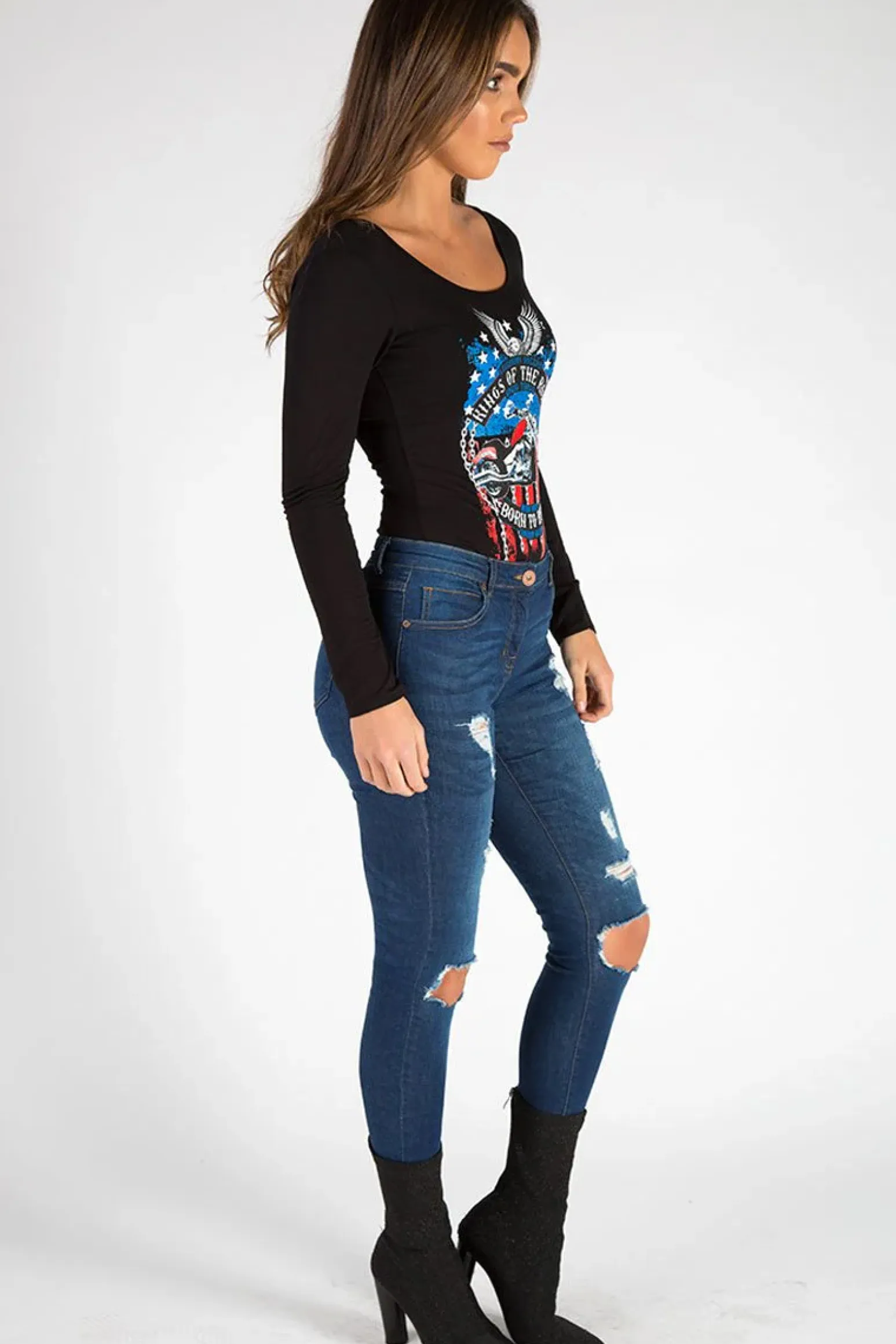 Rebellious Fashion Black Long Sleeved Graphic Print Bodysuit - Sofia