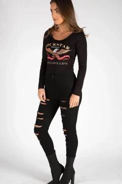 Rebellious Fashion Black Long Sleeved Rockstar Print Bodysuit - Hannah