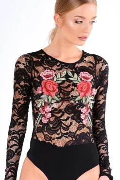 Rebellious Fashion Black Long Sleeve Lace Embroidered Bodysuit - Karla