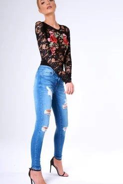 Rebellious Fashion Black Long Sleeve Lace Embroidered Bodysuit - Karla