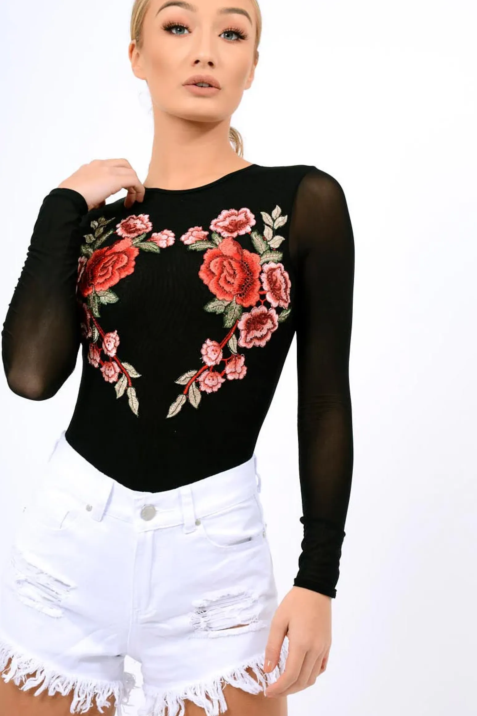 Rebellious Fashion Black Long Sleeves Floral Mesh Bodysuit - Daphne