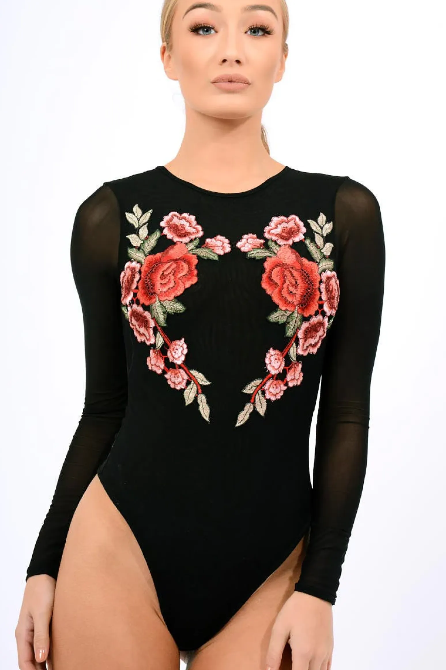 Rebellious Fashion Black Long Sleeves Floral Mesh Bodysuit - Daphne