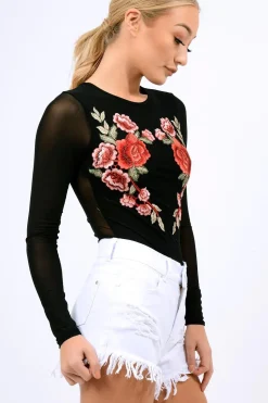 Rebellious Fashion Black Long Sleeves Floral Mesh Bodysuit - Daphne