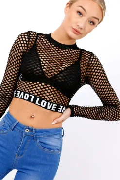 Rebellious Fashion Black Love Fishnet Mesh Crop Top - Dolli