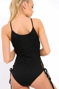 Rebellious Fashion Black Lucky Lace Up Bodysuit - Janessa