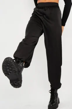 Rebellious Fashion Black Luxe Satin Joggers - Ilona