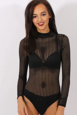 Rebellious Fashion Black Mesh Airtex Long Sleeve Bodysuit - Halley