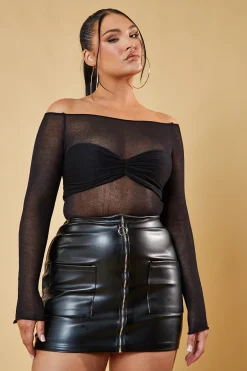 Rebellious Fashion Black Mesh Bardot Long Sleeve Bodysuit - Layla