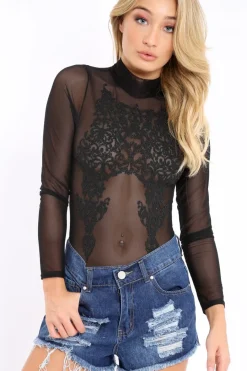 Rebellious Fashion Black Mesh Bodysuit with Black Sparkle Beading - Violet