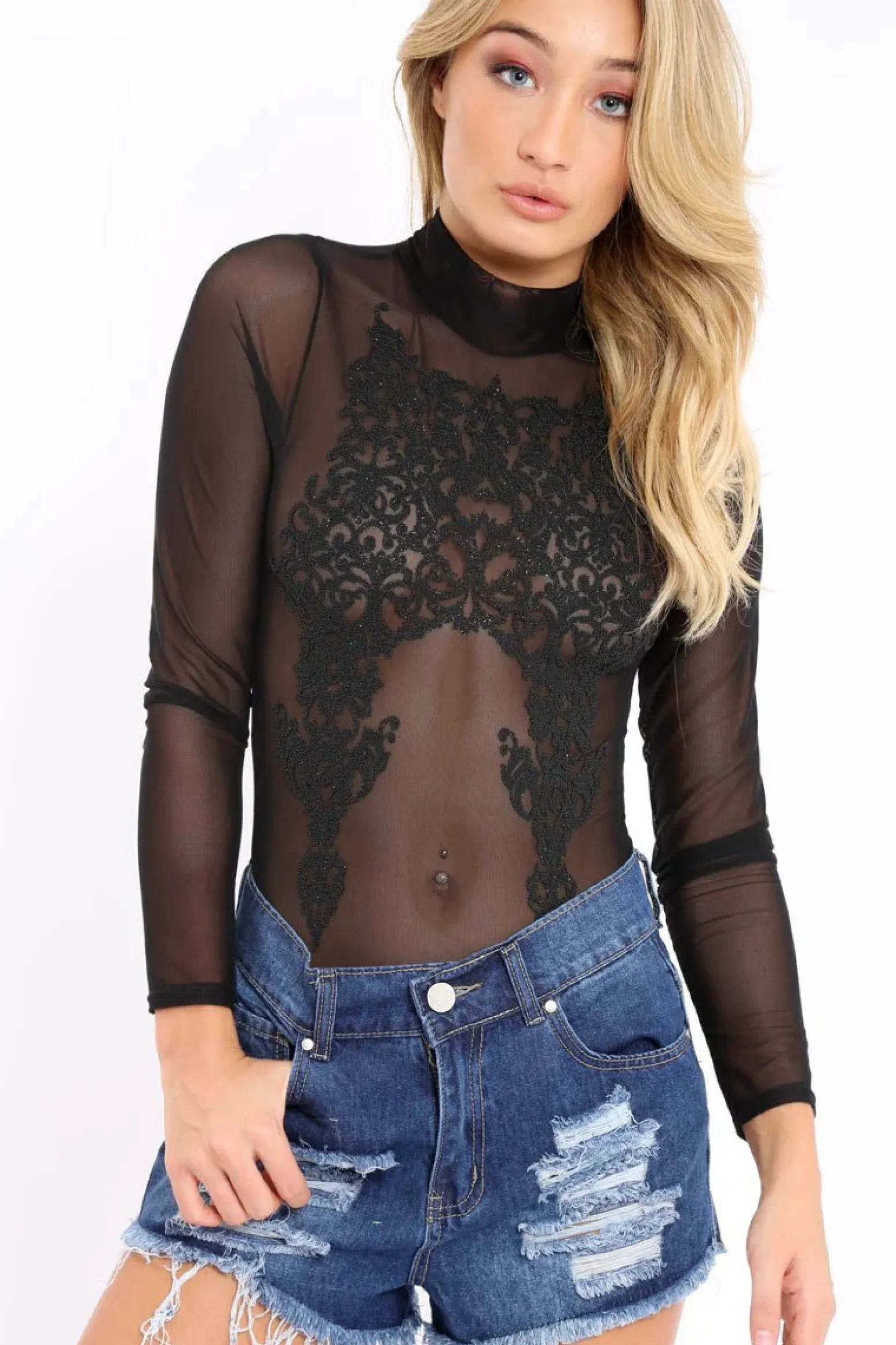 Rebellious Fashion Black Mesh Bodysuit with Black Sparkle Beading - Violet