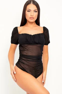 Rebellious Fashion Black Mesh Cap Sleeve Bodysuit - Aadvi