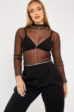 Rebellious Fashion Black Mesh Contrast Stitch Long Sleeve Crop Top - Evie