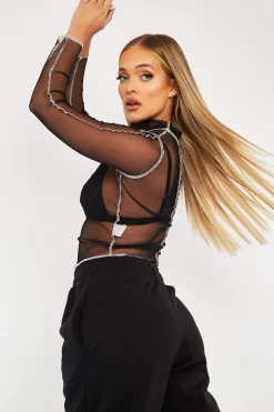 Rebellious Fashion Black Mesh Contrast Stitch Long Sleeve Crop Top - Evie