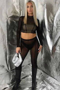 Rebellious Fashion Black Mesh Cropped Top & Toe Detail Leggings Set - Chikako