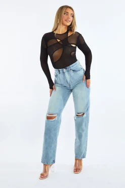 Rebellious Fashion Black Mesh Cut Out Detail Bodysuit - Keziah