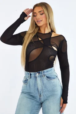 Rebellious Fashion Black Mesh Cut Out Detail Bodysuit - Keziah