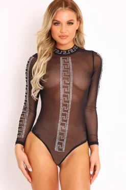 Rebellious Fashion Black Mesh Diamante Embellished High Neck Bodysuit - Dalanie