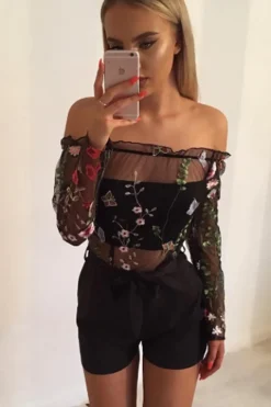 Rebellious Fashion Black Mesh Embroidered Bardot Playsuit - Nicole