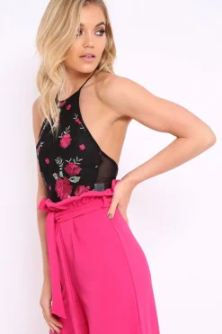 Rebellious Fashion Black Mesh Embroidered Halter Neck Bodysuit - Harlo