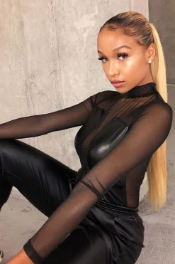 Rebellious Fashion Black Mesh Faux Leather Panel Bodysuit - Reily