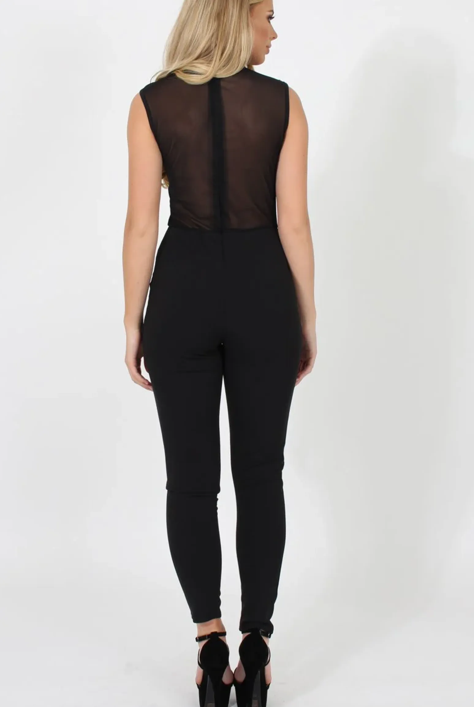 Rebellious Fashion Black Mesh Flocked Jumpsuit - Keira