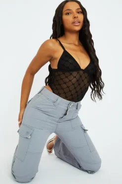 Rebellious Fashion Black Mesh Flock Print Bodysuit - Julie