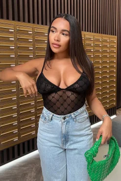 Rebellious Fashion Black Mesh Flock Print Bodysuit - Julie