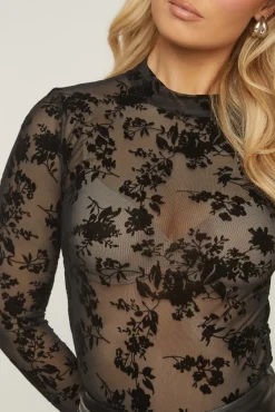 Rebellious Fashion Black Mesh Flock Print Long Sleeves Bodysuit - Jessica