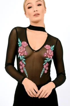 Rebellious Fashion Black Mesh Floral Choker Bodysuit - Bryleigh