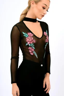 Rebellious Fashion Black Mesh Floral Choker Bodysuit - Bryleigh
