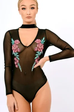 Rebellious Fashion Black Mesh Floral Choker Bodysuit - Bryleigh