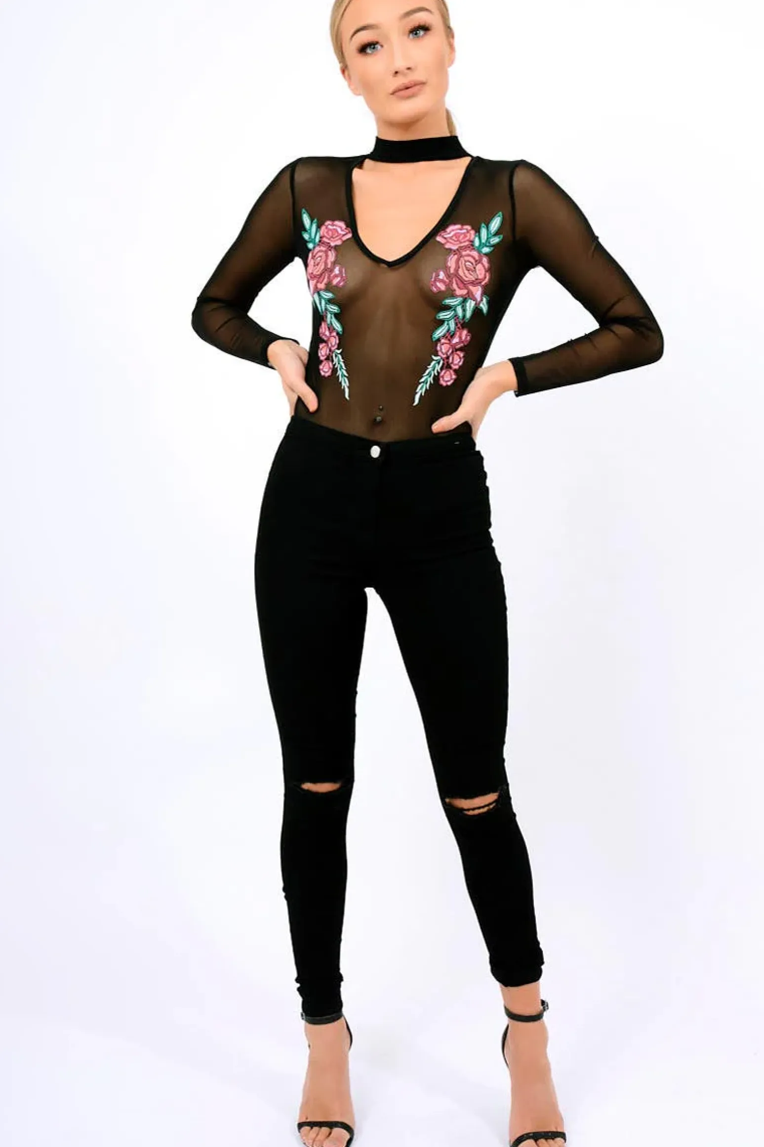 Rebellious Fashion Black Mesh Floral Choker Bodysuit - Bryleigh