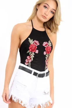 Rebellious Fashion Black Mesh Floral Embroidered Halterneck Bodysuit - Bebe