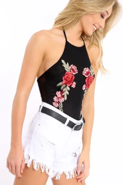 Rebellious Fashion Black Mesh Floral Embroidered Halterneck Bodysuit - Bebe