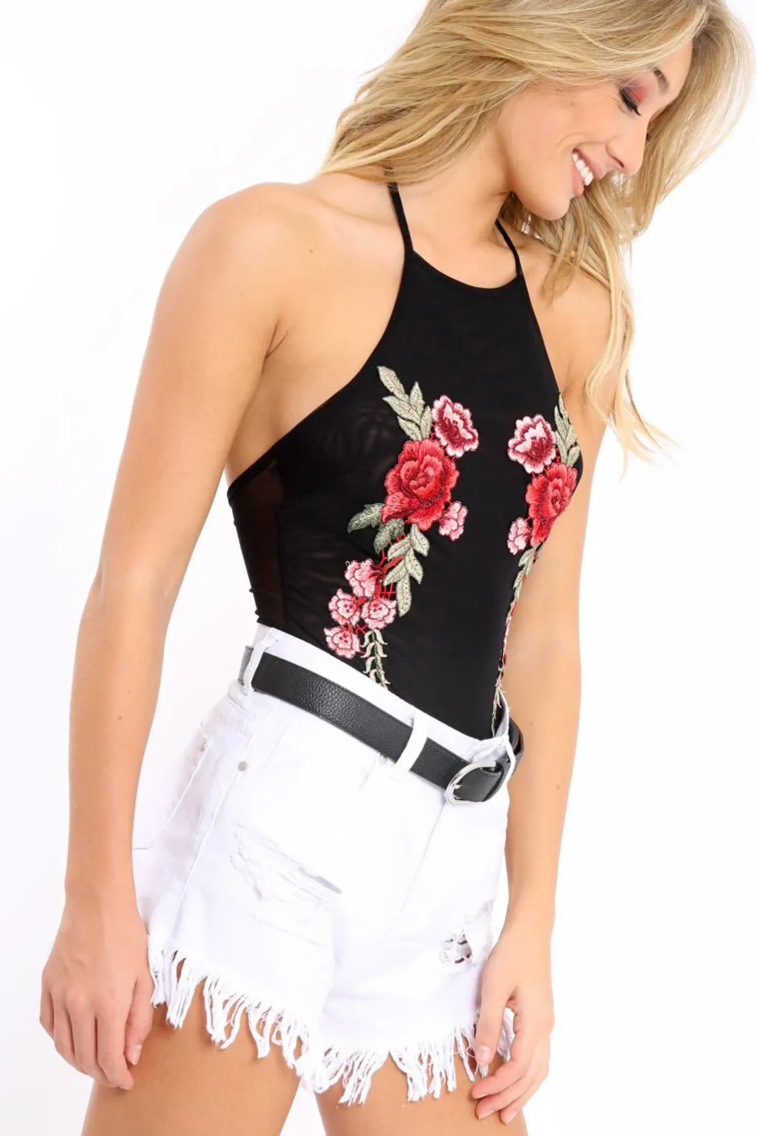 Rebellious Fashion Black Mesh Floral Embroidered Halterneck Bodysuit - Bebe