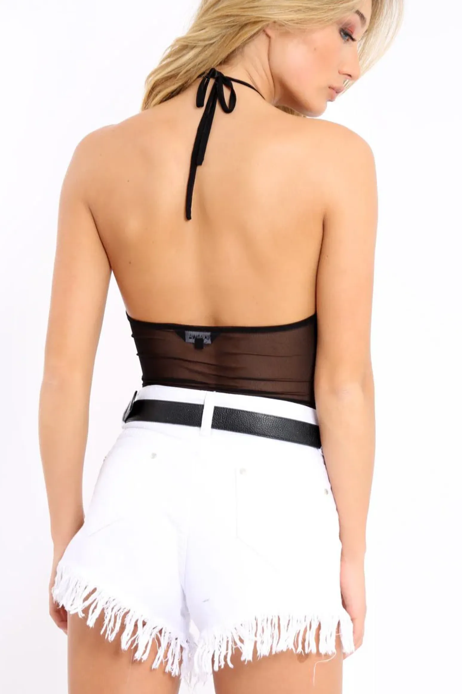 Rebellious Fashion Black Mesh Floral Embroidered Halterneck Bodysuit - Bebe