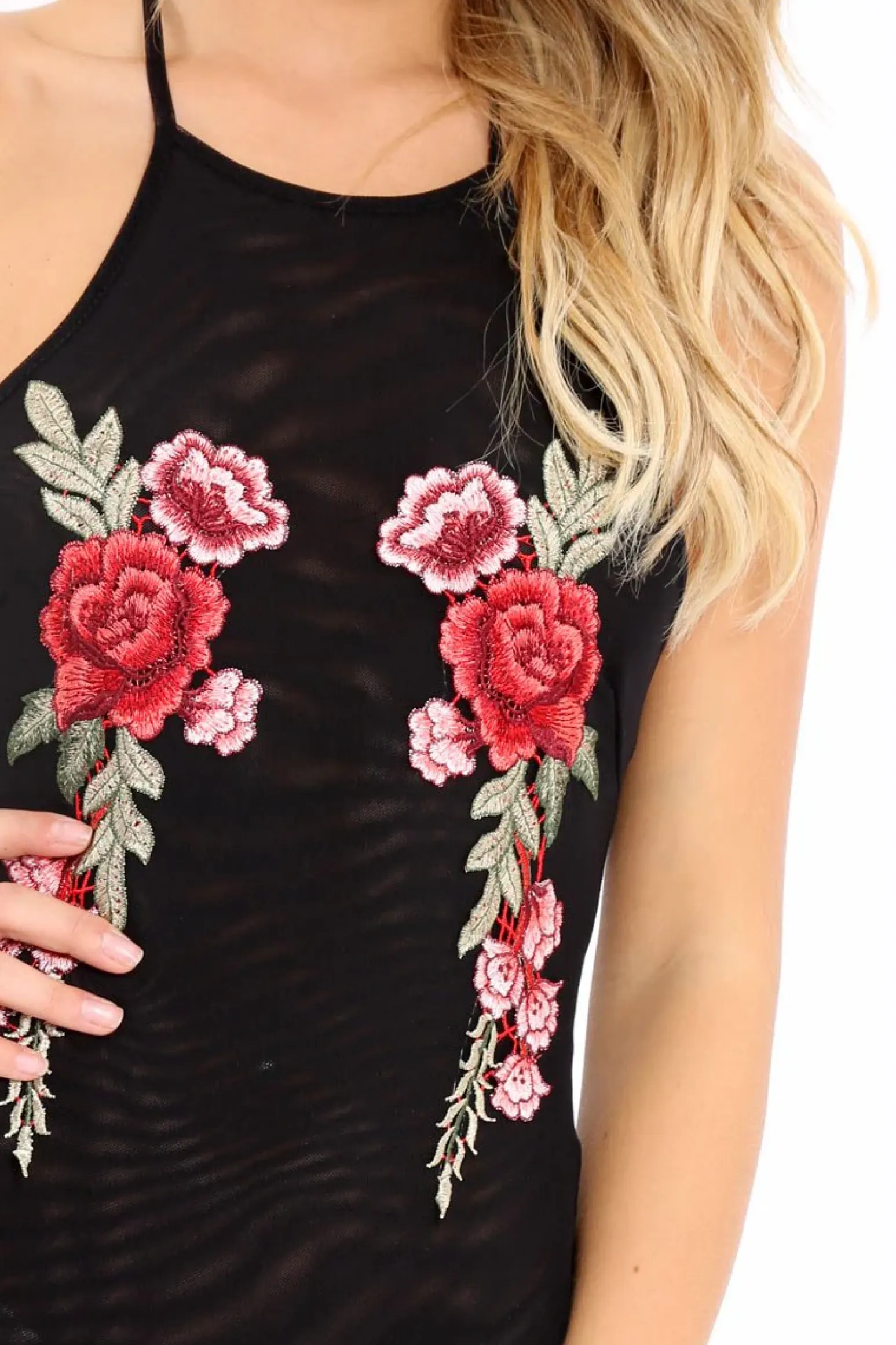 Rebellious Fashion Black Mesh Floral Embroidered Halterneck Bodysuit - Bebe