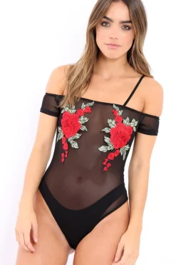 Rebellious Fashion Black Mesh Flower Applique Bodysuit - Sabella