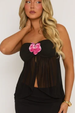 Rebellious Fashion Black Mesh Flower Trim Open Front Top - Giovanna