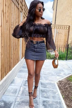 Rebellious Fashion Black Mesh Frill Bardot Top - Rowe