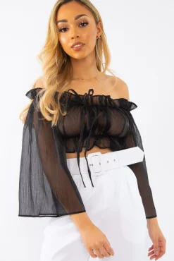 Rebellious Fashion Black Mesh Frill Bardot Top - Rowe