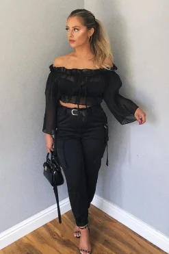 Rebellious Fashion Black Mesh Frill Bardot Top - Rowe